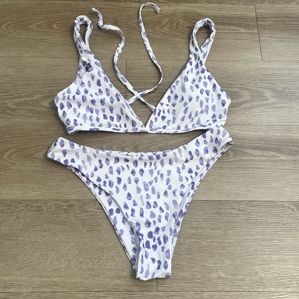 Lavender and white print bikini